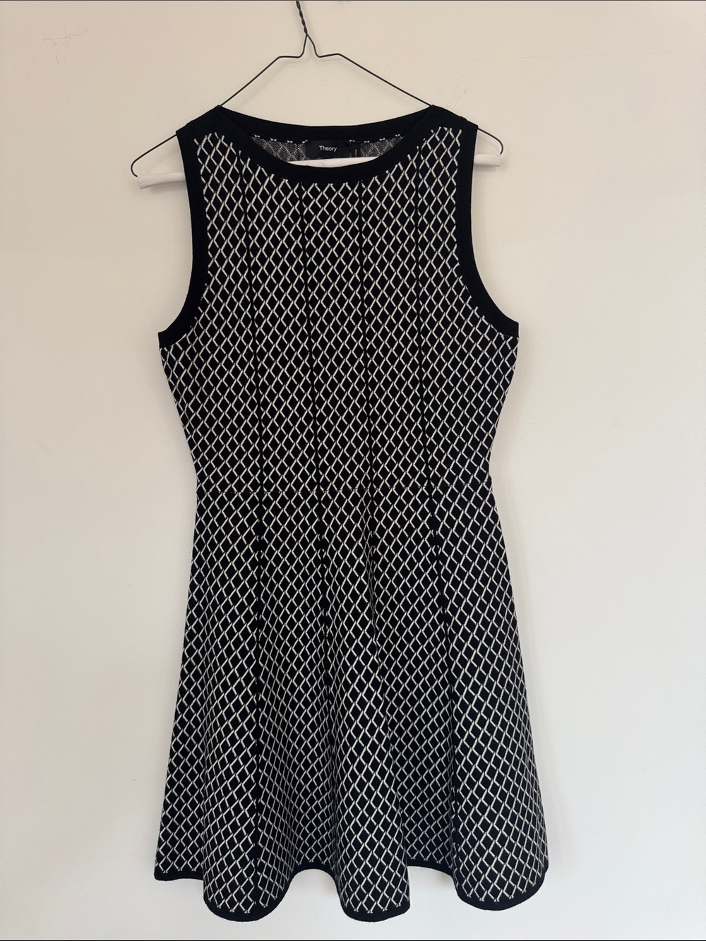 Theory Black and White Sleeveless Knit Fit-and-Flare Dress
